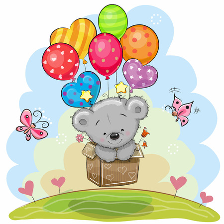 Cute Teddy Bear in the box is flying on balloonsのイラスト素材