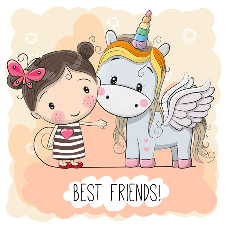 Cute Cartoon Girl and Unicorn on a pink backgroundのイラスト素材