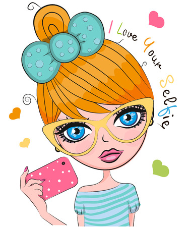 Vector cute cartoon girl with orange hair and glasses makes selfieのイラスト素材