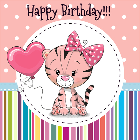 Greeting card Cute cartoon tiger girl with Balloonのイラスト素材