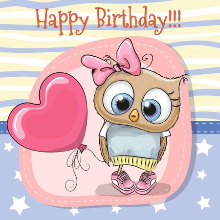 Greeting card Cute Cartoon Owl girl with balloonのイラスト素材