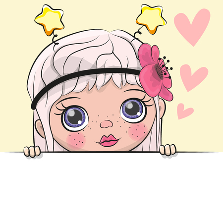 Greeting card cute Cartoon Girl with heartsのイラスト素材