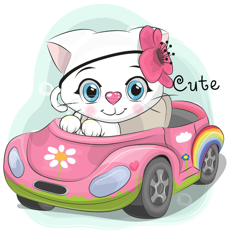 Cute Cartoon white Kitten Girl goes on a pink carのイラスト素材