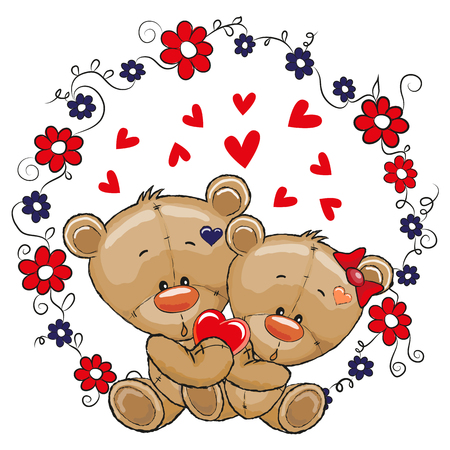 Two cute cartoon Bears on a flowers backgroundのイラスト素材