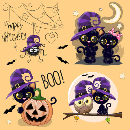 Set of Cute Halloween illustrations with owl, black cat and spiderのイラスト素材