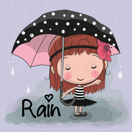 Cute cartoon girl girl with an umbrella standing under a rain vector illustrationのイラスト素材