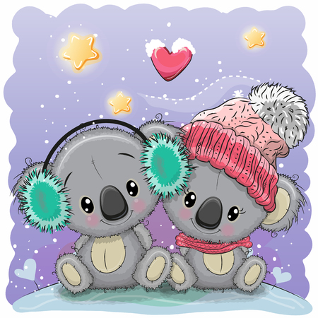 Cute winter illustration with two koalas in hatsのイラスト素材