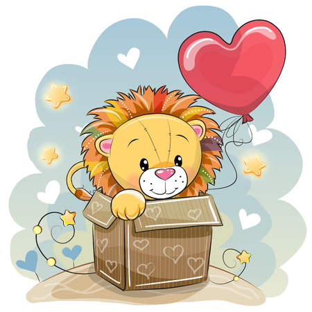 Birthday card with a cute lion and balloon, vector illustration.のイラスト素材