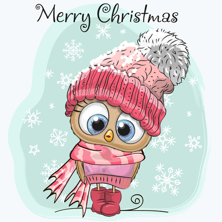 Cute Cartoon Owl in a hat and scarfのイラスト素材