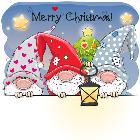 Greeting Christmas card with Three cute gnomes.のイラスト素材