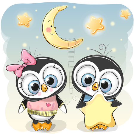 Cute cartoon Penguin boy gives a Penguin girl a starのイラスト素材