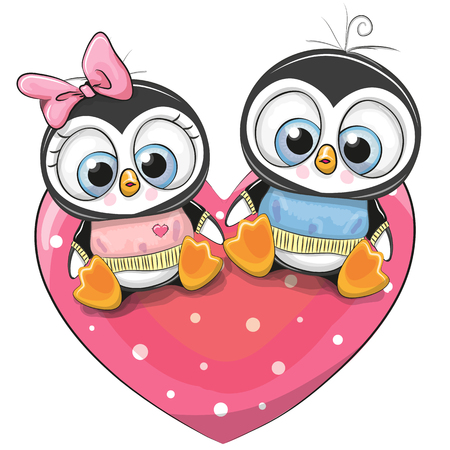 Two cute Penguins is sitting on a heart.のイラスト素材