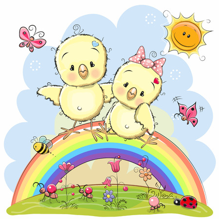 Two Cute Cartoon Chickens are sitting on the rainbowのイラスト素材