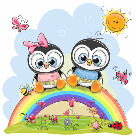 Two Cute Cartoon Chickens are sitting on the rainbow