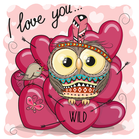 Cute Cartoon tribal owl with feather and heartsのイラスト素材