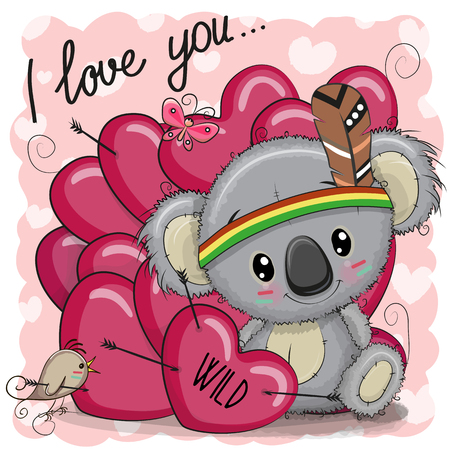 Cute Cartoon tribal Koala with feather and heartsのイラスト素材