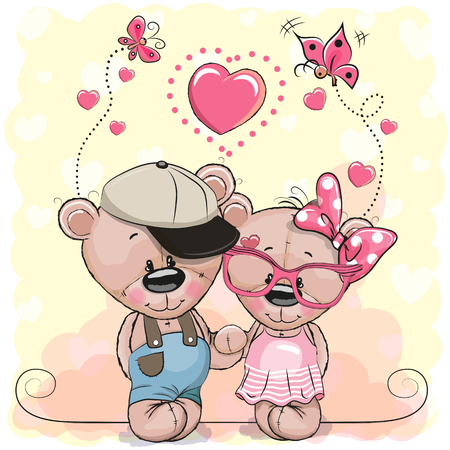 Two Cute Cartoon Bears on a hearts backgroundのイラスト素材