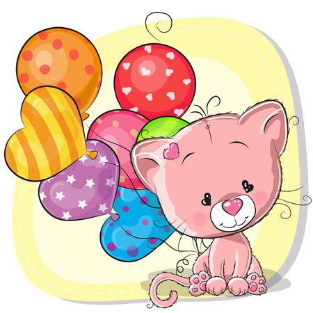 Greeting card Cute Cartoon Kitten with balloons.のイラスト素材
