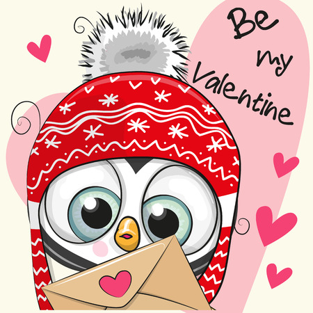 Valentine card with cute cartoon Penguin holding envelopeのイラスト素材