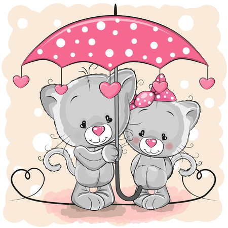 Two cute cartoon kittens with umbrella under the rain.のイラスト素材