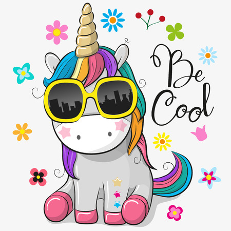 Cute Cartoon Cute unicorn with sun glassesのイラスト素材