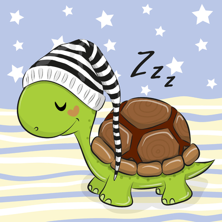 Sleeping cute Turtle in a hood on a blue backgroundのイラスト素材