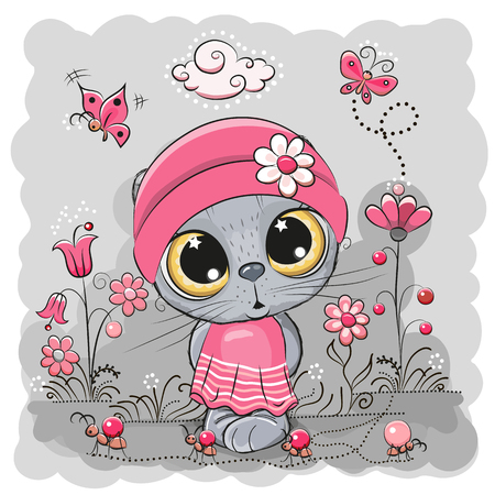 Cute Cartoon Kitten girl on a meadow with flowers and butterfliesのイラスト素材