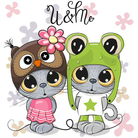 Greeting card Kittens boy and girl on a flowers backgroundのイラスト素材