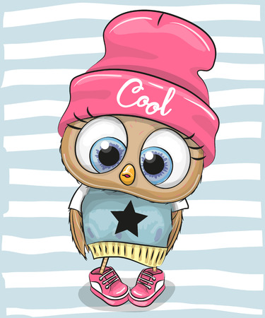 Cute Cartoon Owl in a hat and scarfのイラスト素材