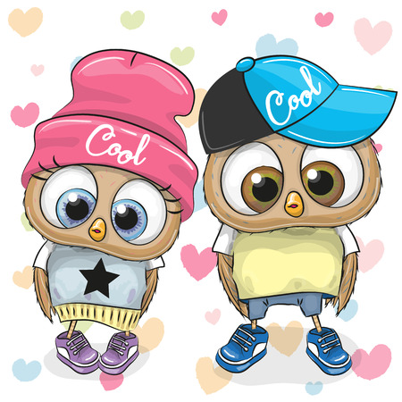 Two Cute Cartoon Owls on a white and gray backgroundのイラスト素材