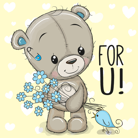 Greeting card Cute Cartoon Teddy Bear with a flowerのイラスト素材