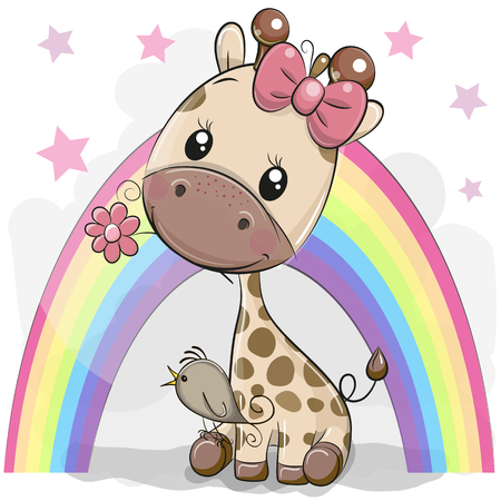 Greeting card Cute Cartoon Giraffe with bird and flowerのイラスト素材
