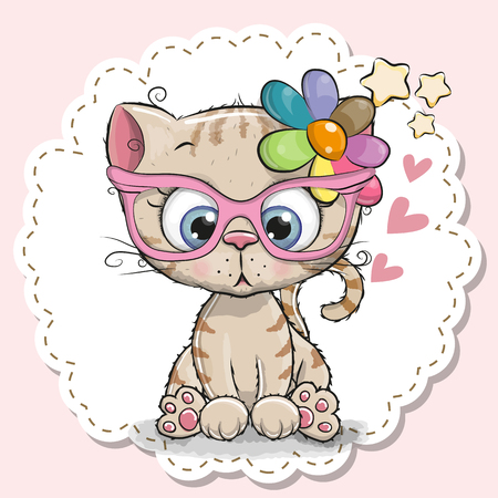 Cute cartoon Cat girl in pink eyeglasses with a flowerのイラスト素材