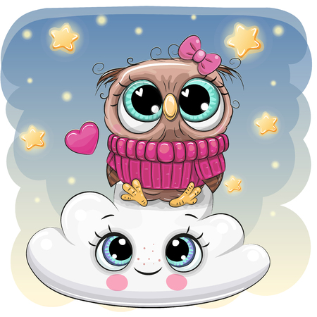 Cute Cartoon Owl is sitting a on the Cloudのイラスト素材
