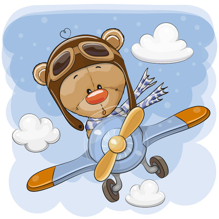 Cute Cartoon Teddy Bear is flying on a planeのイラスト素材