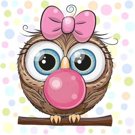 Cute Cartoon Owl in a pink hat with bubble gumのイラスト素材