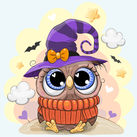 Cute Cartoon black Owl in a halloween hatのイラスト素材