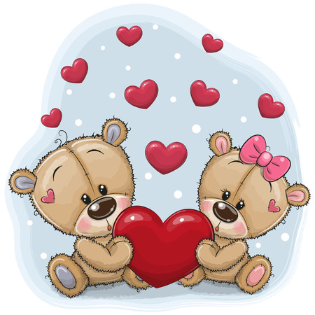 Cute Teddy Bears with heart on a blue backgroundのイラスト素材