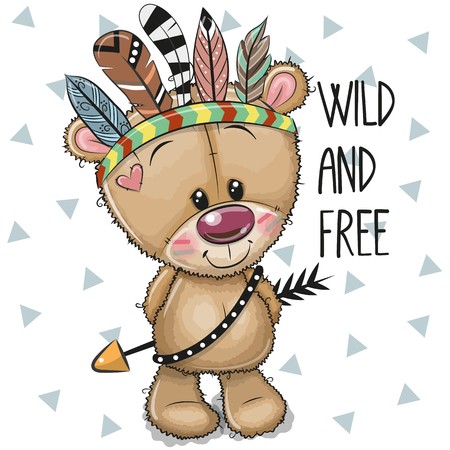 Cute Cartoon tribal Teddy Bear with feathers on a white backgroundのイラスト素材