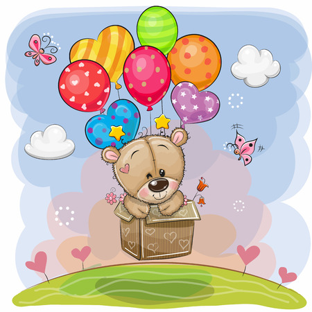 Cute Cartoon Teddy Bear in the box is flying on balloonsのイラスト素材