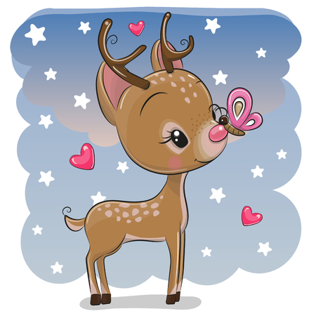 Cute Cartoon Deer with butterfly on a stars backgroundのイラスト素材