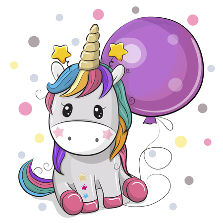 Greeting card Cute Cartoon Unicorn with purple balloonのイラスト素材