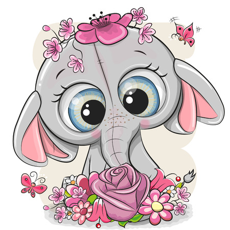 Cute Cartoon Elephant with flowers on a white backgroundのイラスト素材