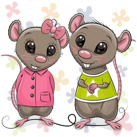 Two cute Cartoon Rats on a flowers backgroundのイラスト素材