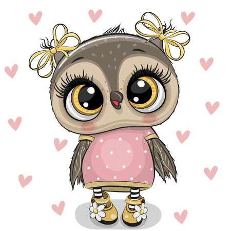 Cute Cartoon Owl on a hearts backgroundのイラスト素材