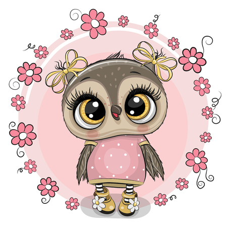 Greeting card Cute Cartoon owl with flowers on a pink backgroundのイラスト素材