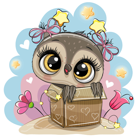 Birthday card with a Cute Cartoon Owl girl and a boxのイラスト素材