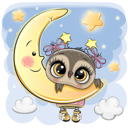 Cute Cartoon Owl Girl on the moonのイラスト素材