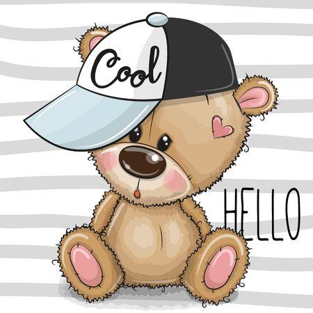 Cute Cartoon Cool Teddy Bear with a pink cap on striped backgroundのイラスト素材