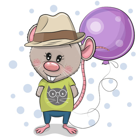 Greeting card Cute Cartoon Rat Boy with blue balloonのイラスト素材